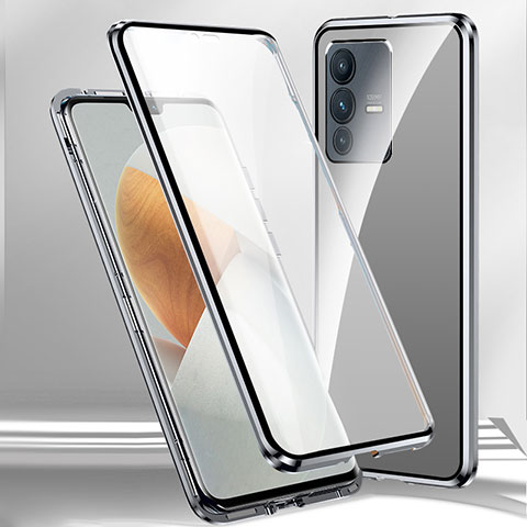 Coque Rebord Bumper Luxe Aluminum Metal Miroir 360 Degres Housse Etui Aimant P02 pour Vivo V25 Pro 5G Argent