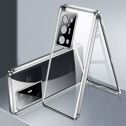 Coque Rebord Bumper Luxe Aluminum Metal Miroir 360 Degres Housse Etui Aimant P02 pour Vivo X70 Pro+ Plus 5G Argent