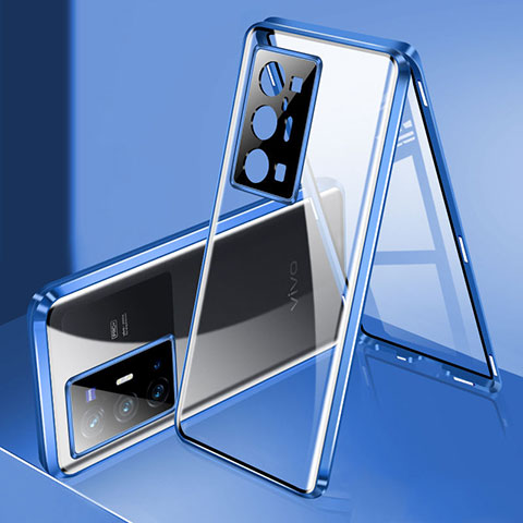 Coque Rebord Bumper Luxe Aluminum Metal Miroir 360 Degres Housse Etui Aimant P02 pour Vivo X70 Pro+ Plus 5G Bleu