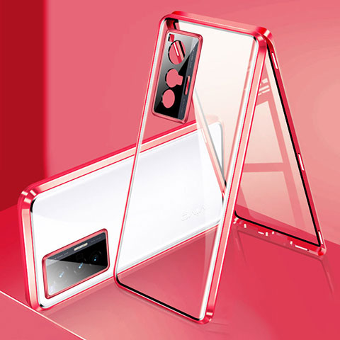 Coque Rebord Bumper Luxe Aluminum Metal Miroir 360 Degres Housse Etui Aimant P02 pour Vivo X70t Rouge