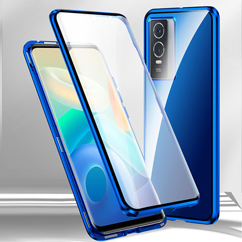 Coque Rebord Bumper Luxe Aluminum Metal Miroir 360 Degres Housse Etui Aimant P02 pour Vivo Y76s 5G Bleu