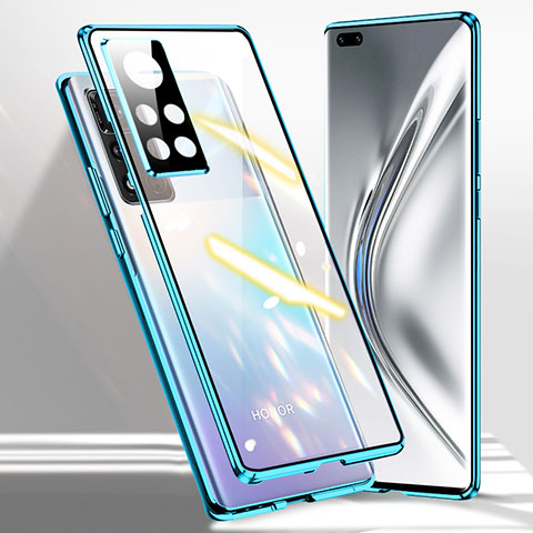 Coque Rebord Bumper Luxe Aluminum Metal Miroir 360 Degres Housse Etui Aimant P03 pour Huawei Honor V40 5G Bleu