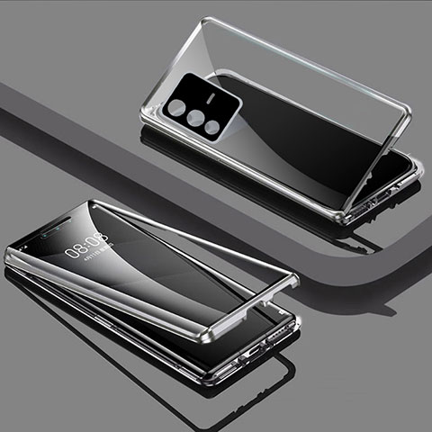 Coque Rebord Bumper Luxe Aluminum Metal Miroir 360 Degres Housse Etui Aimant P03 pour Vivo V23 5G Argent