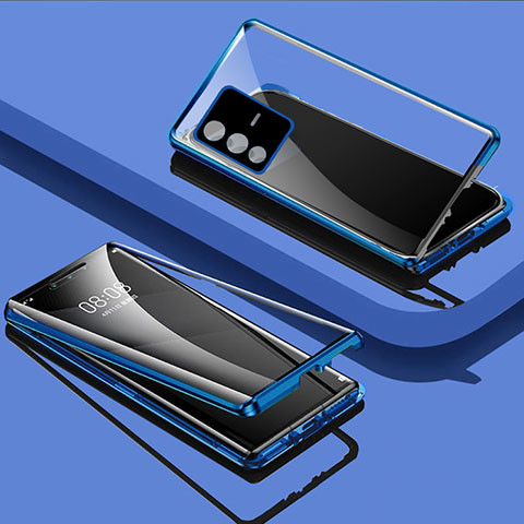 Coque Rebord Bumper Luxe Aluminum Metal Miroir 360 Degres Housse Etui Aimant P03 pour Vivo V23 5G Bleu