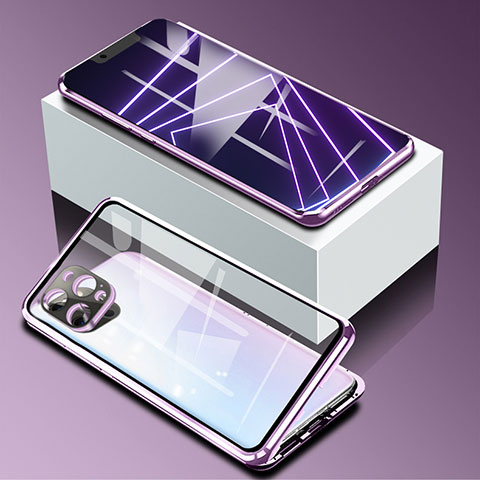 Coque Rebord Bumper Luxe Aluminum Metal Miroir 360 Degres Housse Etui Aimant pour Apple iPhone 13 Pro Max Violet