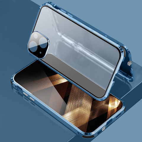 Coque Rebord Bumper Luxe Aluminum Metal Miroir 360 Degres Housse Etui Aimant pour Apple iPhone 15 Bleu