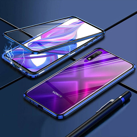 Coque Rebord Bumper Luxe Aluminum Metal Miroir 360 Degres Housse Etui Aimant pour Huawei Enjoy 10 Bleu