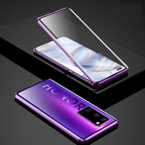 Coque Rebord Bumper Luxe Aluminum Metal Miroir 360 Degres Housse Etui Aimant pour Huawei Honor 30 Pro+ Plus Violet