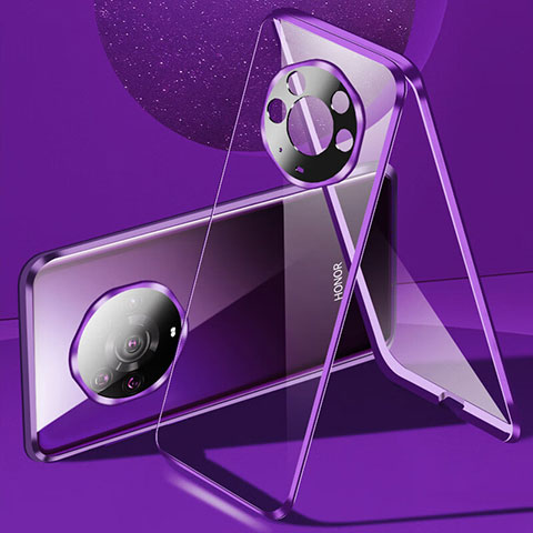 Coque Rebord Bumper Luxe Aluminum Metal Miroir 360 Degres Housse Etui Aimant pour Huawei Honor Magic3 Pro+ Plus 5G Violet