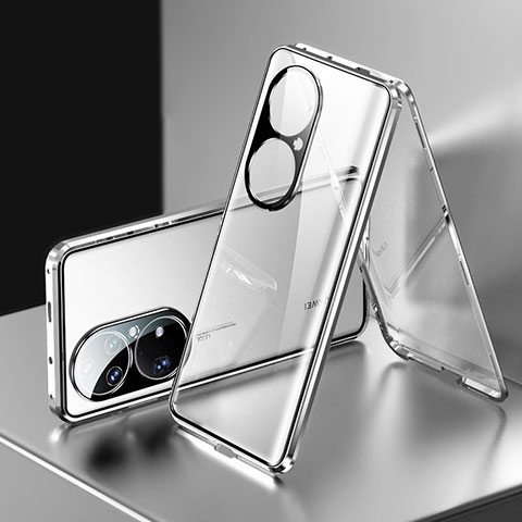 Coque Rebord Bumper Luxe Aluminum Metal Miroir 360 Degres Housse Etui Aimant pour Huawei P50e Argent