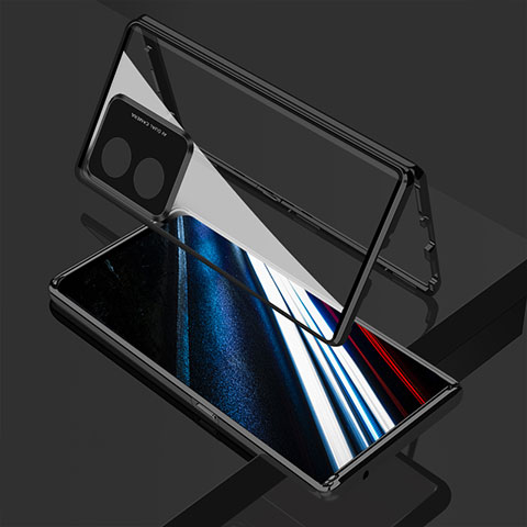 Coque Rebord Bumper Luxe Aluminum Metal Miroir 360 Degres Housse Etui Aimant pour Oppo A18 Noir