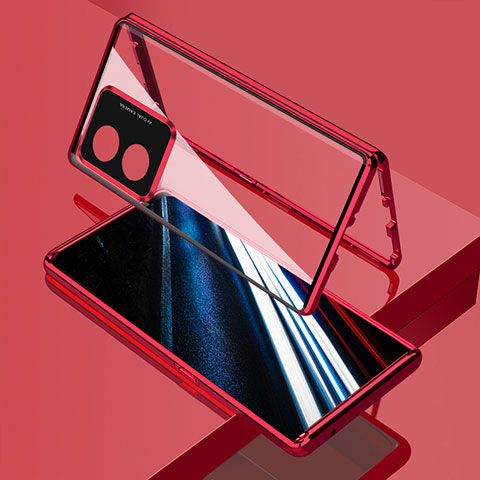 Coque Rebord Bumper Luxe Aluminum Metal Miroir 360 Degres Housse Etui Aimant pour Oppo A18 Rouge