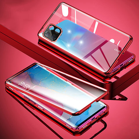 Coque Rebord Bumper Luxe Aluminum Metal Miroir 360 Degres Housse Etui Aimant pour Oppo A53 5G Rouge