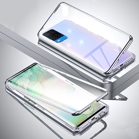 Coque Rebord Bumper Luxe Aluminum Metal Miroir 360 Degres Housse Etui Aimant pour Oppo A54 4G Argent