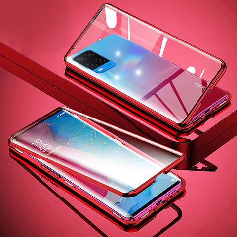 Coque Rebord Bumper Luxe Aluminum Metal Miroir 360 Degres Housse Etui Aimant pour Oppo A54 4G Rouge