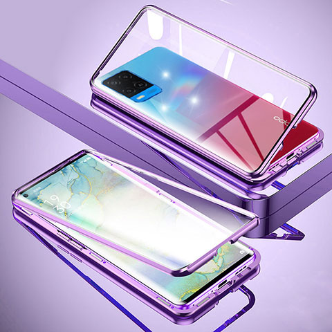 Coque Rebord Bumper Luxe Aluminum Metal Miroir 360 Degres Housse Etui Aimant pour Oppo A54 4G Violet