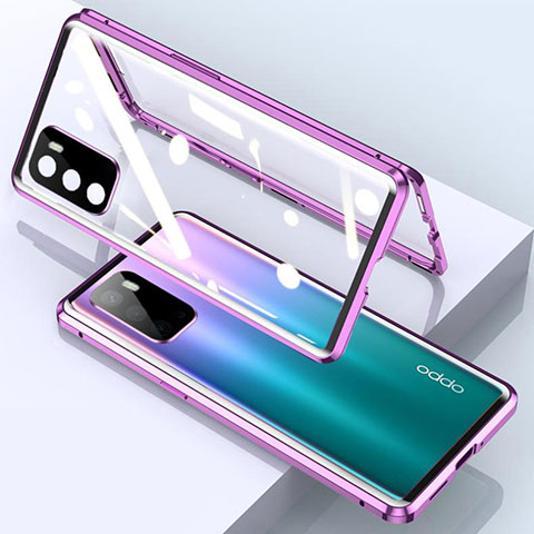 Coque Rebord Bumper Luxe Aluminum Metal Miroir 360 Degres Housse Etui Aimant pour Oppo A54s Violet