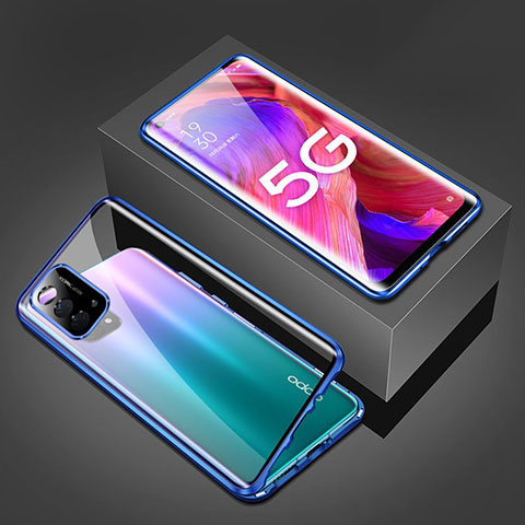 Coque Rebord Bumper Luxe Aluminum Metal Miroir 360 Degres Housse Etui Aimant pour Oppo A74 5G Bleu