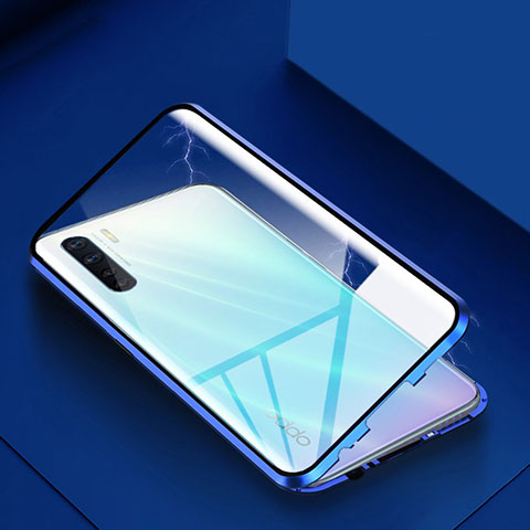 Coque Rebord Bumper Luxe Aluminum Metal Miroir 360 Degres Housse Etui Aimant pour Oppo A91 Bleu