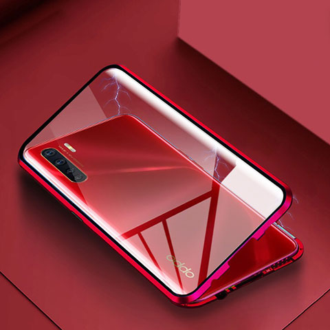 Coque Rebord Bumper Luxe Aluminum Metal Miroir 360 Degres Housse Etui Aimant pour Oppo A91 Rouge