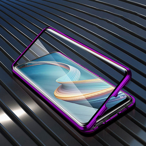 Coque Rebord Bumper Luxe Aluminum Metal Miroir 360 Degres Housse Etui Aimant pour Oppo A92s 5G Violet