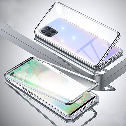 Coque Rebord Bumper Luxe Aluminum Metal Miroir 360 Degres Housse Etui Aimant pour Oppo A93 Argent