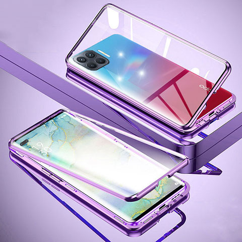 Coque Rebord Bumper Luxe Aluminum Metal Miroir 360 Degres Housse Etui Aimant pour Oppo A93 Violet Clair