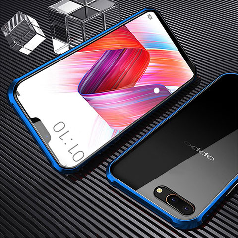 Coque Rebord Bumper Luxe Aluminum Metal Miroir 360 Degres Housse Etui Aimant pour Oppo AX5 Bleu