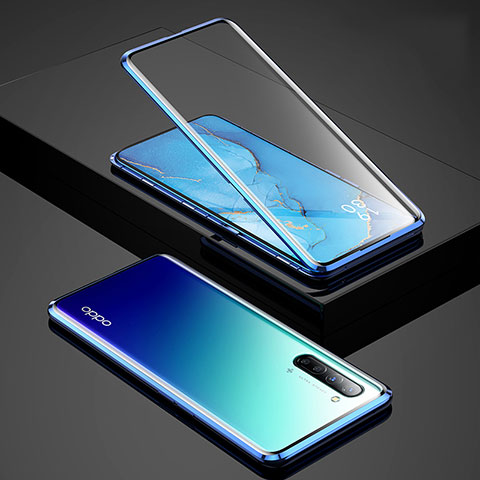 Coque Rebord Bumper Luxe Aluminum Metal Miroir 360 Degres Housse Etui Aimant pour Oppo Find X2 Lite Bleu