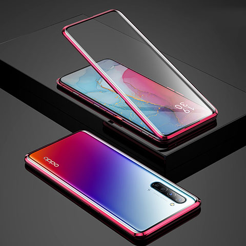 Coque Rebord Bumper Luxe Aluminum Metal Miroir 360 Degres Housse Etui Aimant pour Oppo Find X2 Lite Rouge