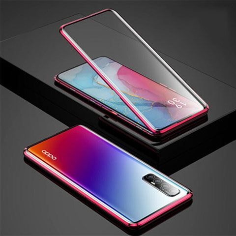 Coque Rebord Bumper Luxe Aluminum Metal Miroir 360 Degres Housse Etui Aimant pour Oppo Find X2 Neo Rouge