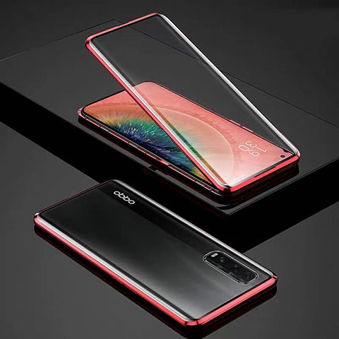 Coque Rebord Bumper Luxe Aluminum Metal Miroir 360 Degres Housse Etui Aimant pour Oppo Find X2 Rouge