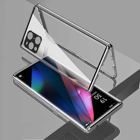 Coque Rebord Bumper Luxe Aluminum Metal Miroir 360 Degres Housse Etui Aimant pour Oppo Find X3 5G Argent