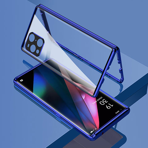 Coque Rebord Bumper Luxe Aluminum Metal Miroir 360 Degres Housse Etui Aimant pour Oppo Find X3 5G Bleu