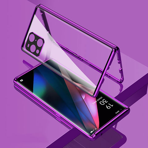 Coque Rebord Bumper Luxe Aluminum Metal Miroir 360 Degres Housse Etui Aimant pour Oppo Find X3 5G Violet