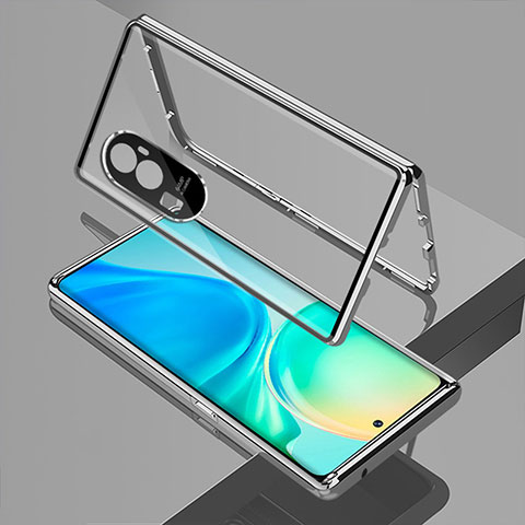 Coque Rebord Bumper Luxe Aluminum Metal Miroir 360 Degres Housse Etui Aimant pour Oppo Reno10 Pro+ Plus 5G Argent