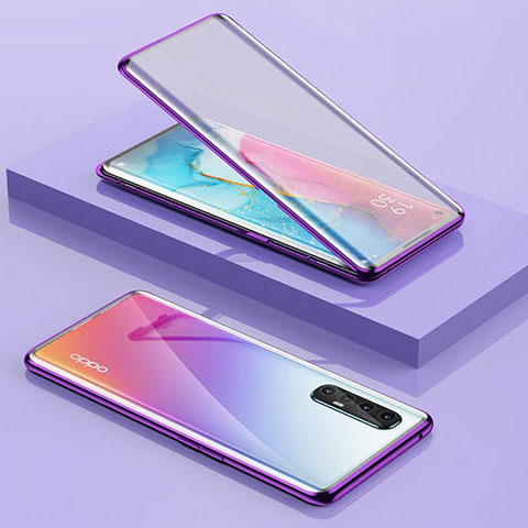 Coque Rebord Bumper Luxe Aluminum Metal Miroir 360 Degres Housse Etui Aimant pour Oppo Reno3 Pro Violet