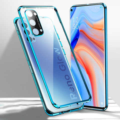 Coque Rebord Bumper Luxe Aluminum Metal Miroir 360 Degres Housse Etui Aimant pour Oppo Reno4 5G Bleu