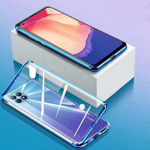 Coque Rebord Bumper Luxe Aluminum Metal Miroir 360 Degres Housse Etui Aimant pour Oppo Reno4 SE 5G Bleu