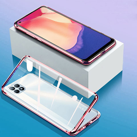 Coque Rebord Bumper Luxe Aluminum Metal Miroir 360 Degres Housse Etui Aimant pour Oppo Reno4 SE 5G Or Rose