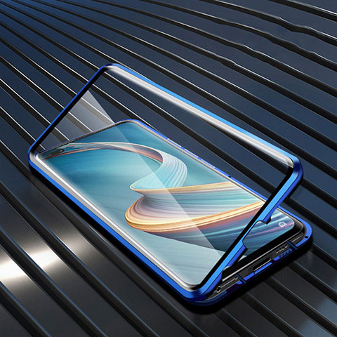 Coque Rebord Bumper Luxe Aluminum Metal Miroir 360 Degres Housse Etui Aimant pour Oppo Reno4 Z 5G Bleu