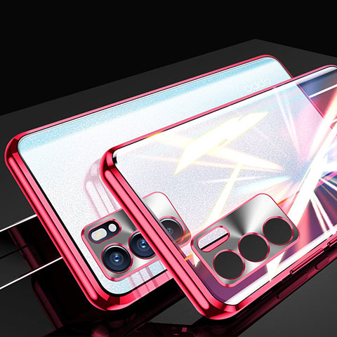 Coque Rebord Bumper Luxe Aluminum Metal Miroir 360 Degres Housse Etui Aimant pour Oppo Reno6 5G Rouge