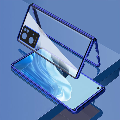 Coque Rebord Bumper Luxe Aluminum Metal Miroir 360 Degres Housse Etui Aimant pour Oppo Reno7 Pro 5G Bleu