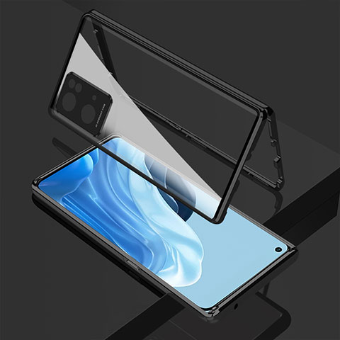 Coque Rebord Bumper Luxe Aluminum Metal Miroir 360 Degres Housse Etui Aimant pour Oppo Reno7 Pro 5G Noir