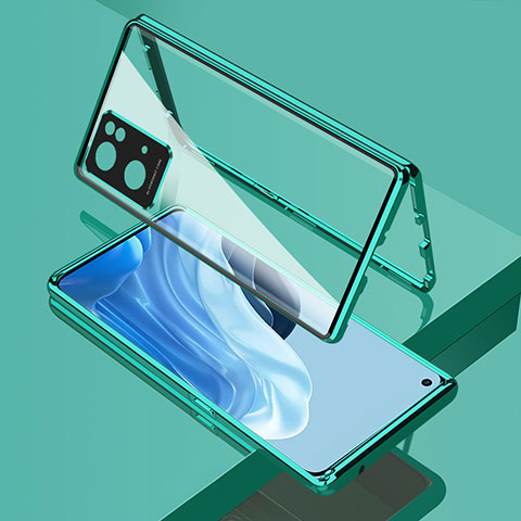 Coque Rebord Bumper Luxe Aluminum Metal Miroir 360 Degres Housse Etui Aimant pour Oppo Reno7 Pro 5G Vert