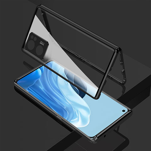 Coque Rebord Bumper Luxe Aluminum Metal Miroir 360 Degres Housse Etui Aimant pour Oppo Reno7 SE 5G Noir