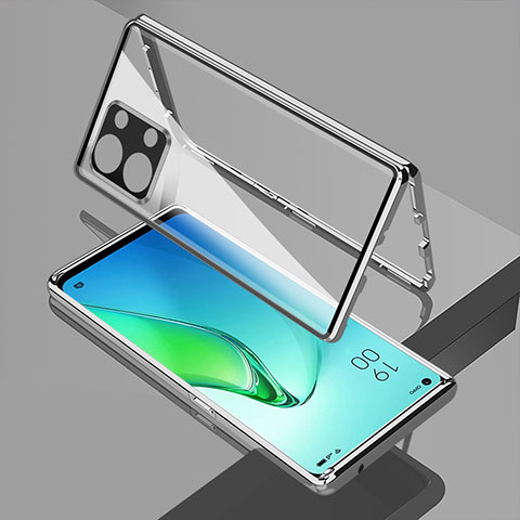 Coque Rebord Bumper Luxe Aluminum Metal Miroir 360 Degres Housse Etui Aimant pour Oppo Reno8 5G Argent