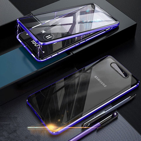 Coque Rebord Bumper Luxe Aluminum Metal Miroir 360 Degres Housse Etui Aimant pour Samsung Galaxy A80 Bleu