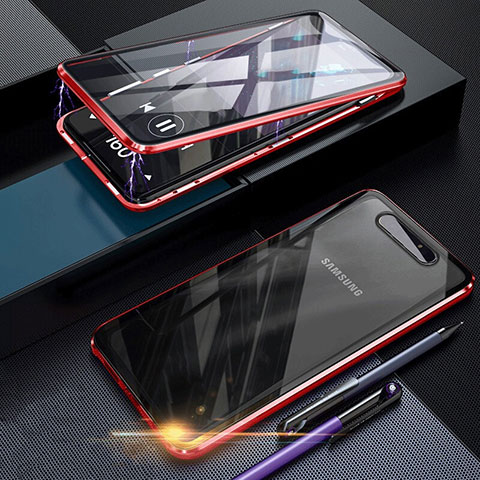 Coque Rebord Bumper Luxe Aluminum Metal Miroir 360 Degres Housse Etui Aimant pour Samsung Galaxy A90 4G Rouge