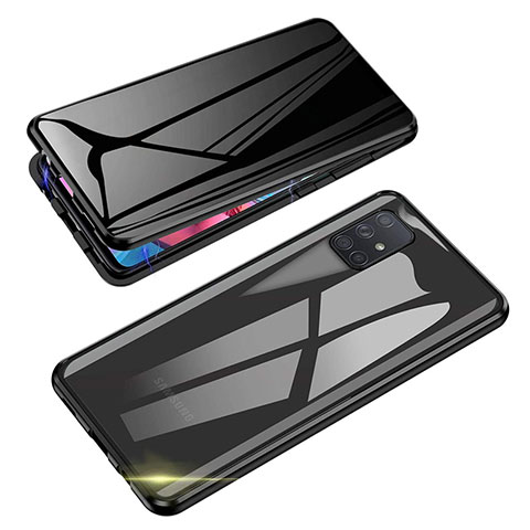 Coque Rebord Bumper Luxe Aluminum Metal Miroir 360 Degres Housse Etui Aimant pour Samsung Galaxy A91 Noir